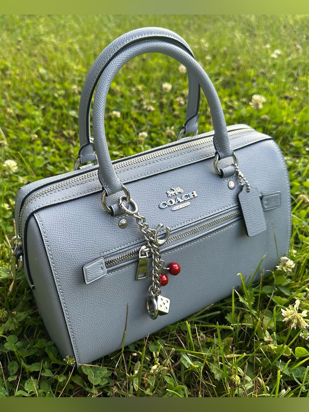 COACH Rowan Gray Twilight Blue Leather Crossbody Purse Bag Silver Hardware 79946